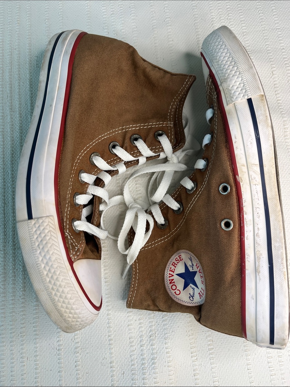 Converse Women 7, Men 5, Brown All-Star High-Top Sneakers distressed --good!